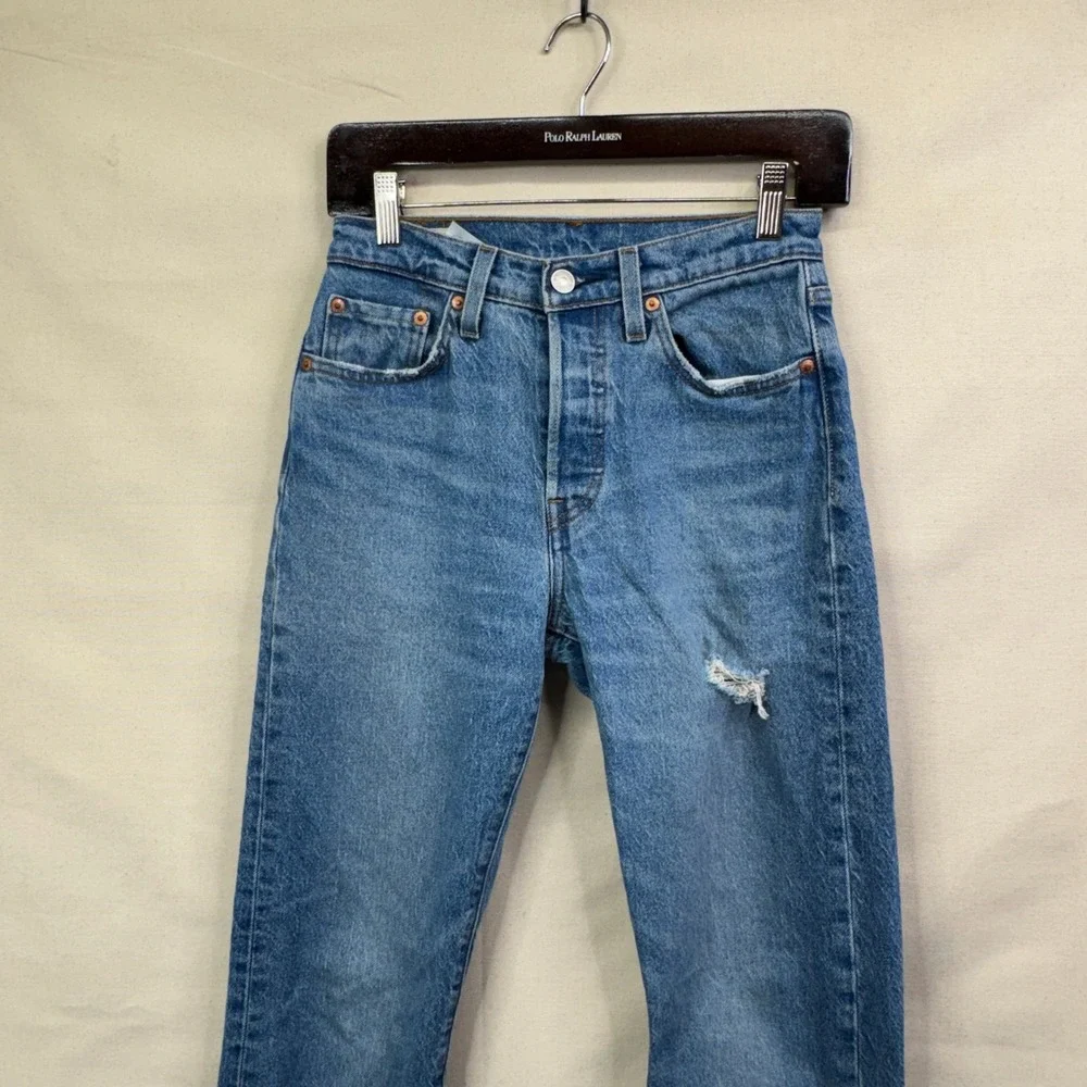 Levi's 501 Premium Jeans W25 L30 Blue Distressed High Rise Button Fly Denim